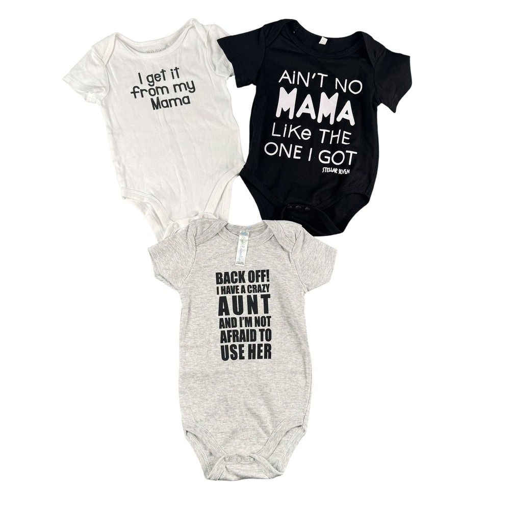 Lot of 3 Funny Graphic Baby Bodysuits Mama Aunt Slogan Black White Grey 6-9M 588